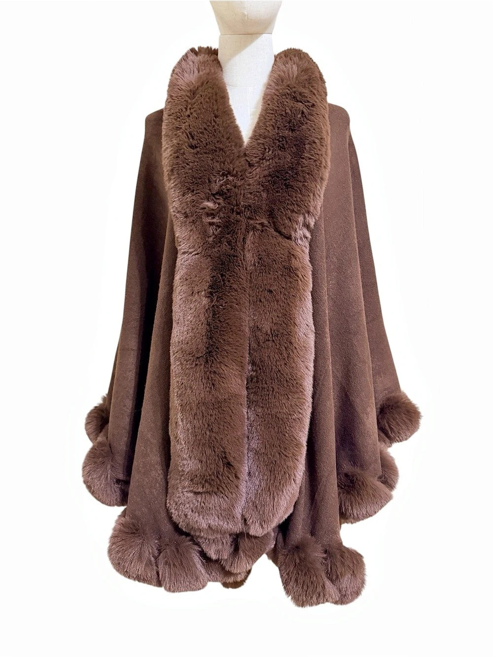 COIN NWOT Faux Fur Trim Knit Cape Poncho Wrap Dark Brown Glam Women’s One/Size